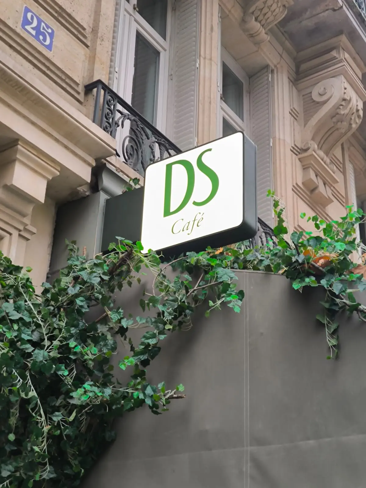 Enseigne drapeau lumineuse du logo DS Café en vert sur un caisson lumineux blanc, entouré par des plantes